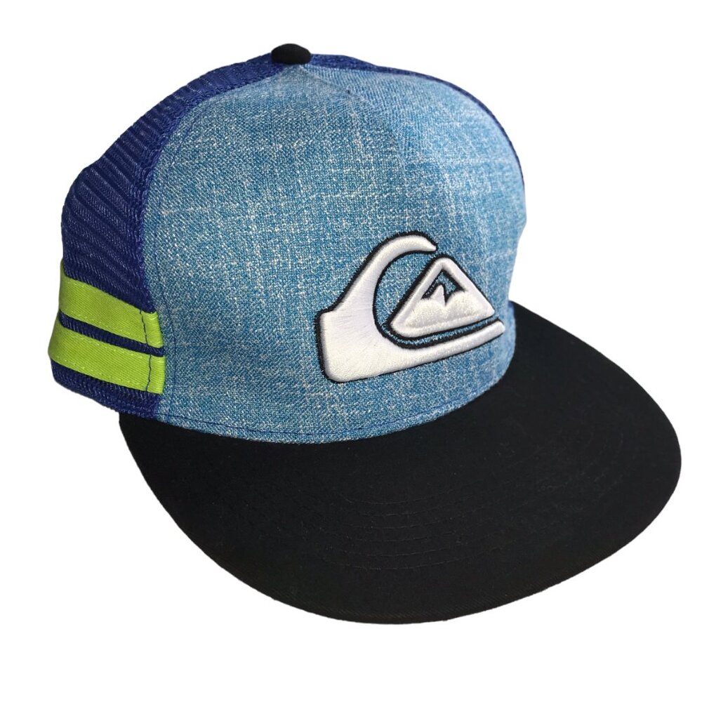 QUICKSILVER Snapback Baseball Cap Hat, Blue / Black, White Logo, Embroidered